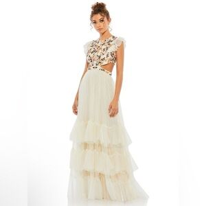 Mac Duggal Ivory Tulle Maxi Dress with Floral Embroidered Bodice